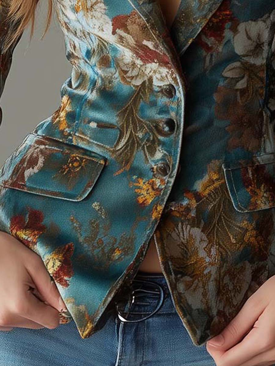 Talia | Teal Floral Velvet Blazer