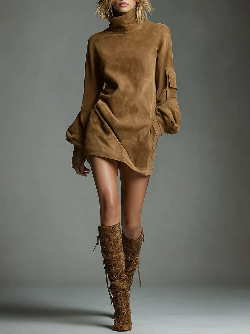 Rhea | Suede Turtleneck Mini Dress