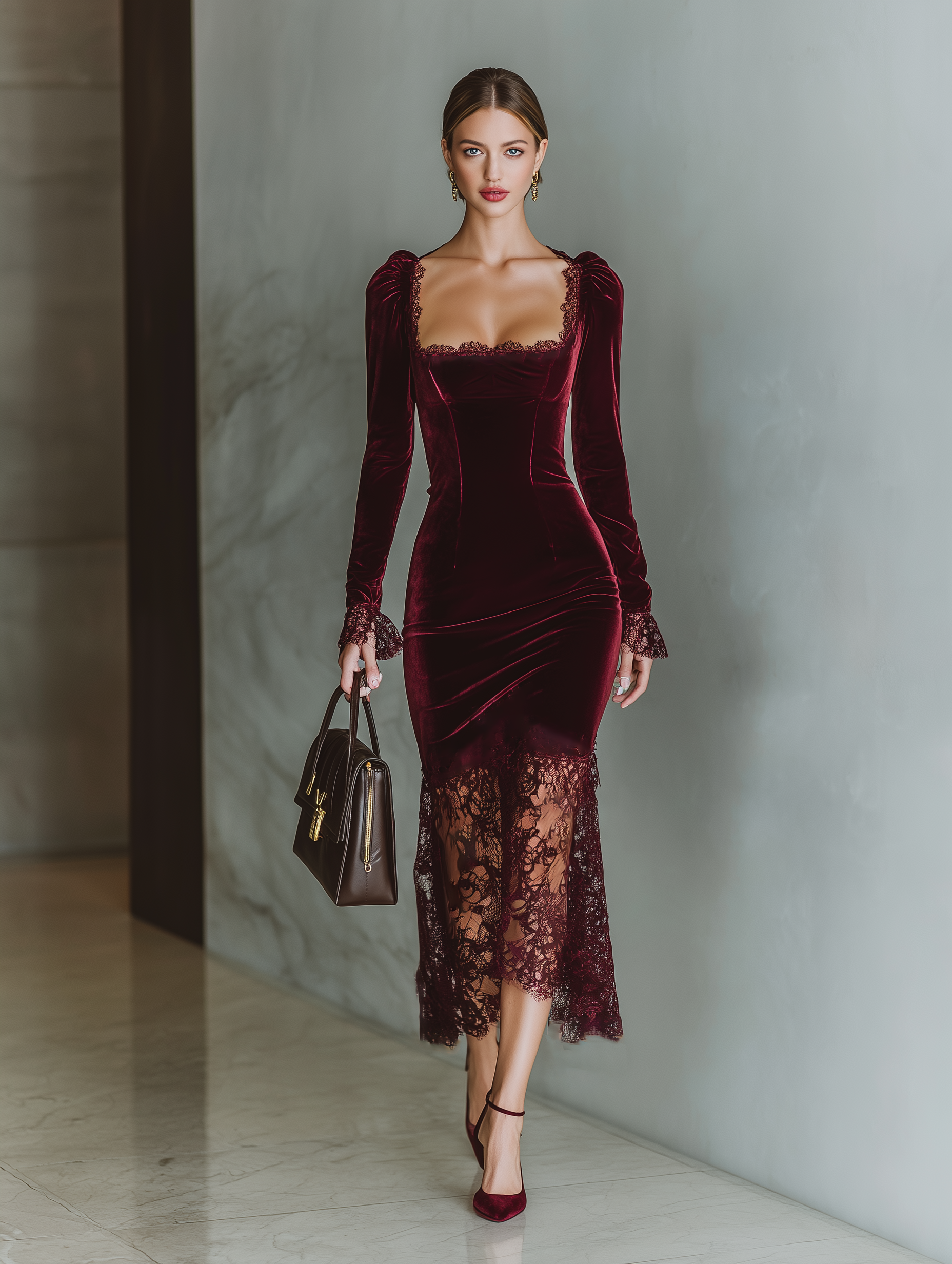 Celeste | Burgundy Velvet Lace Maxi Dress