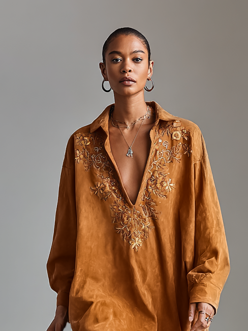Serena | Embroidered Suede Midi Dress