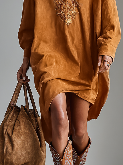 Serena | Embroidered Suede Midi Dress