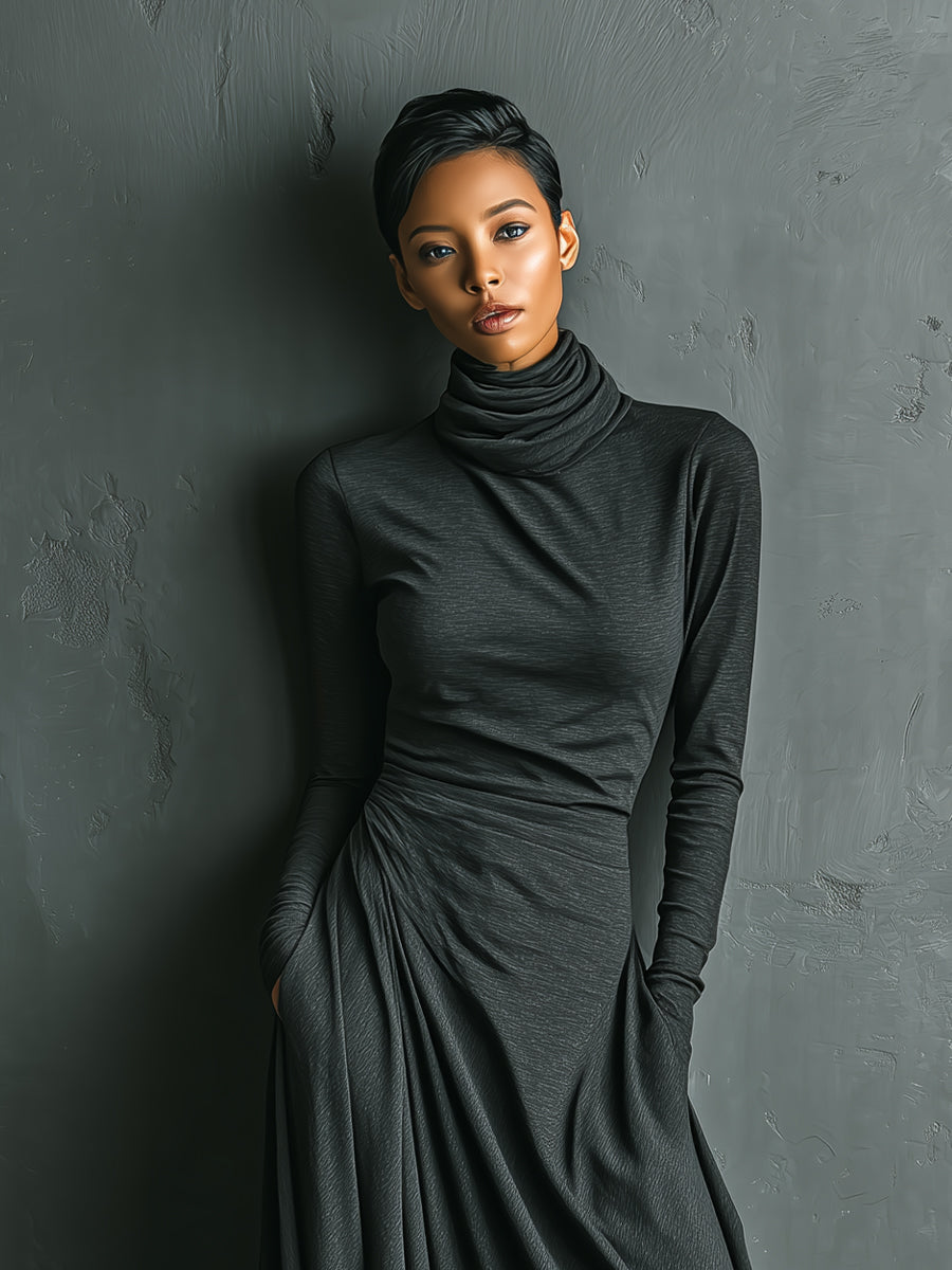 Amelia | Charcoal Draped Turtleneck Maxi Dress