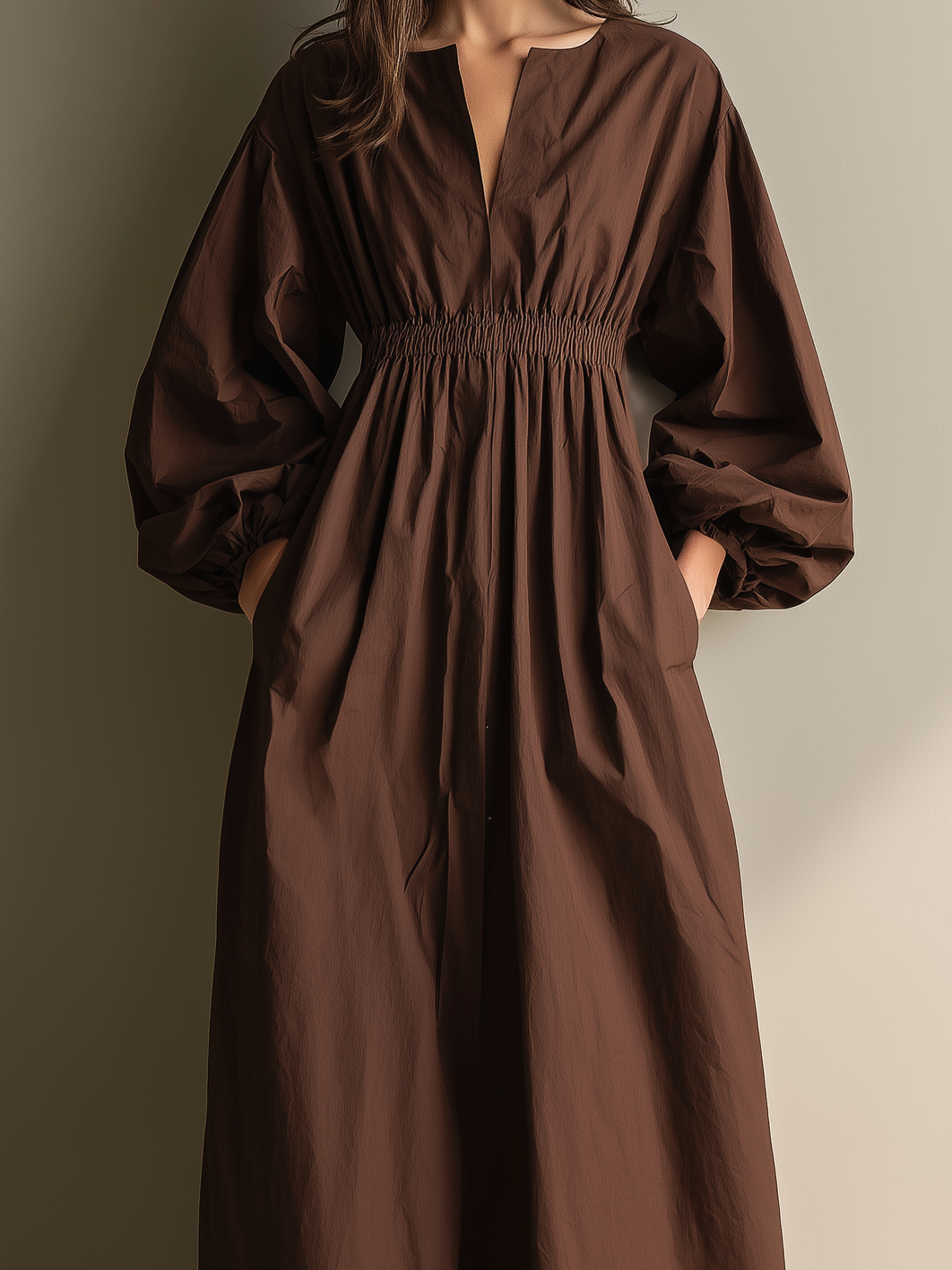 Camille | Brown Linen V-Neck Maxi Dress