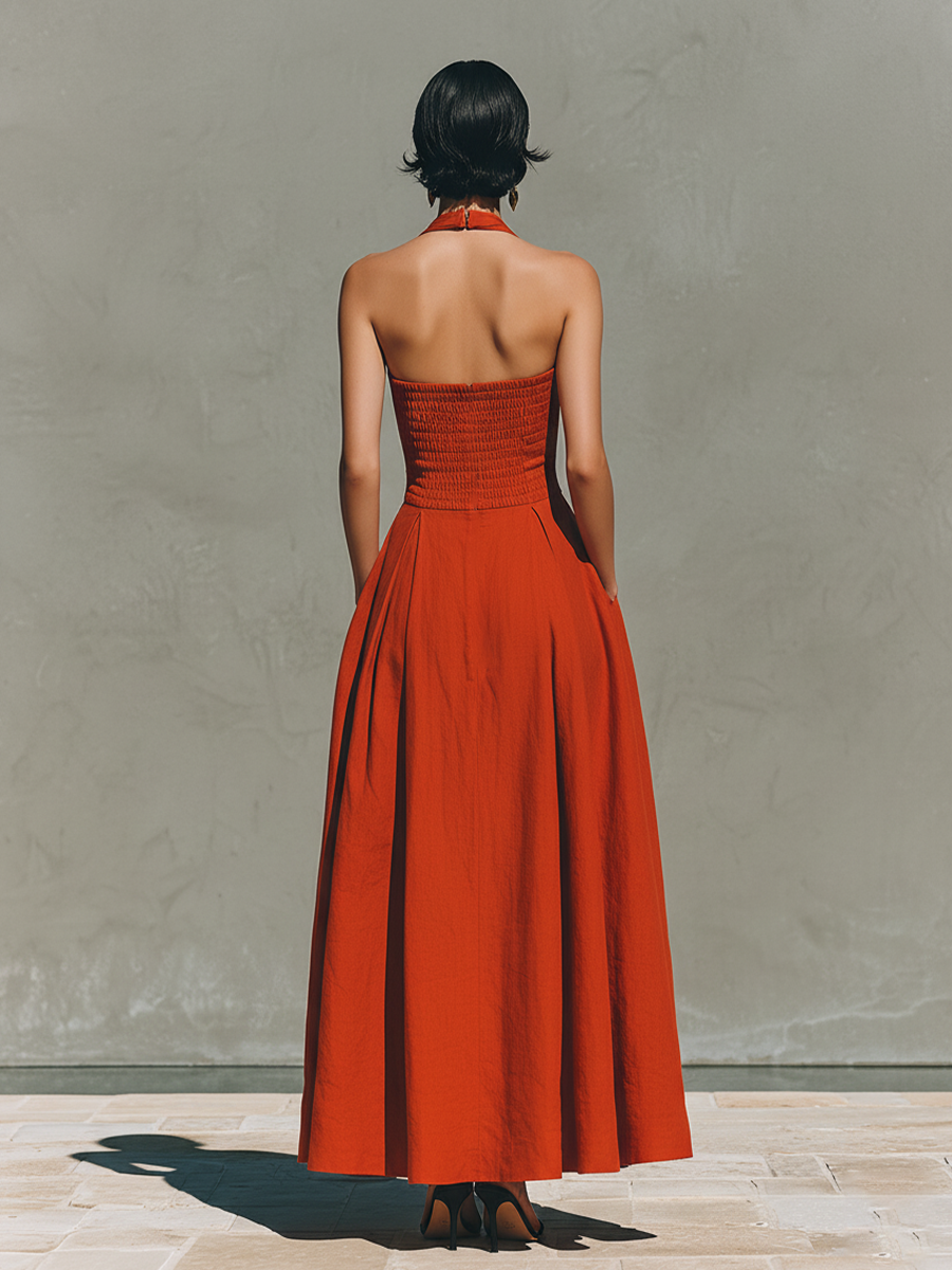 Freya | Red Linen Halter Maxi Dress
