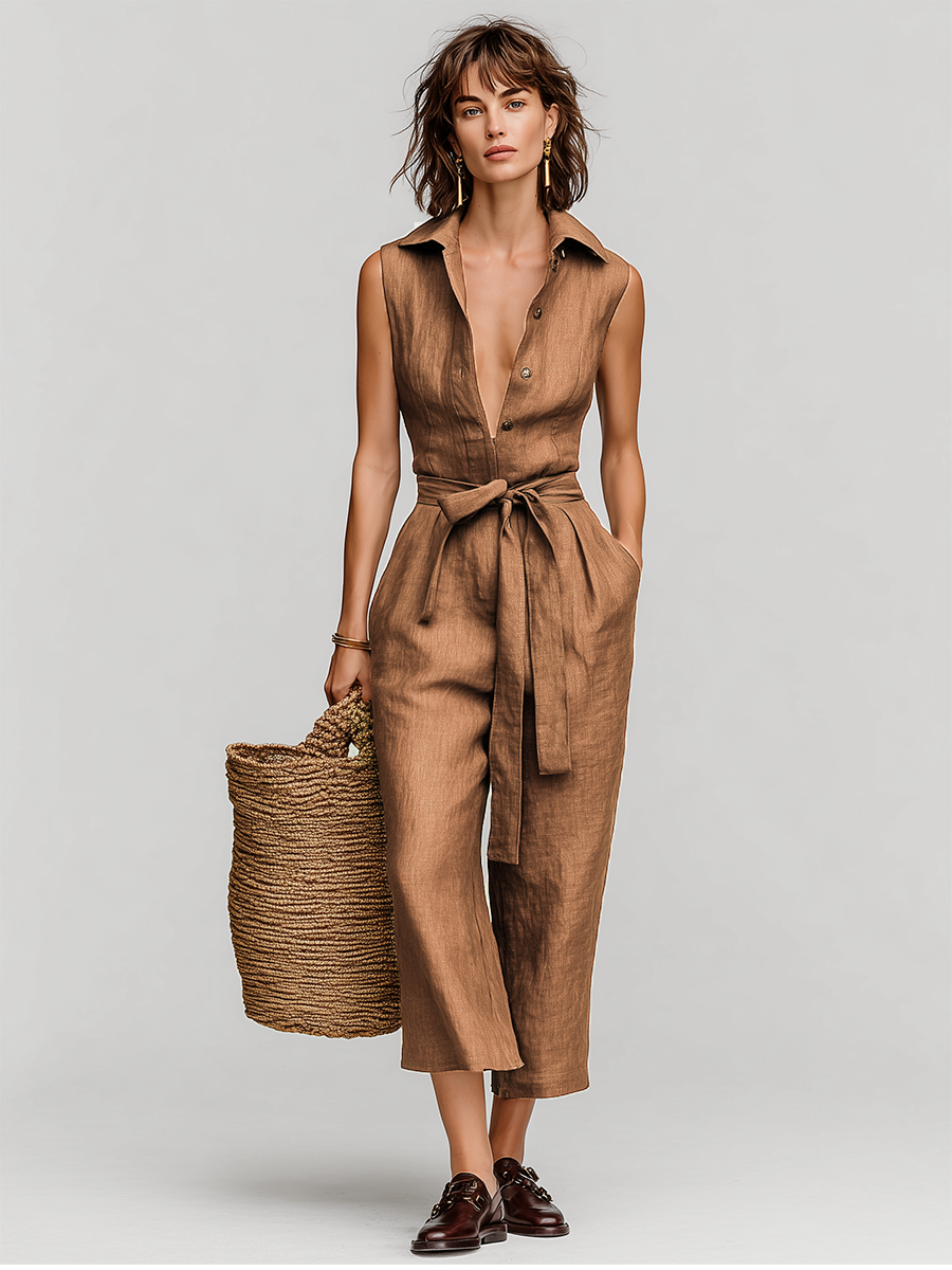 Sienna | Tobacco Brown Linen Jumpsuit