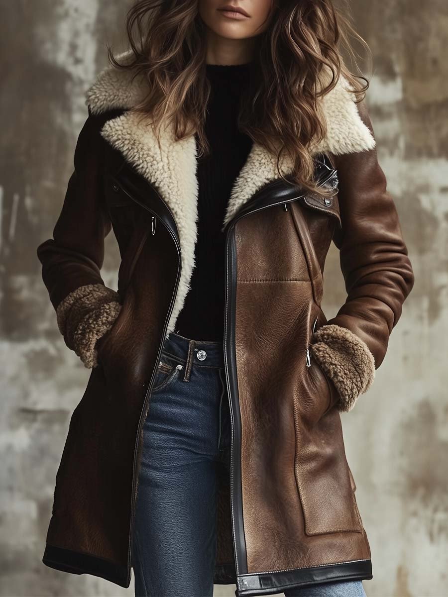 Kirsty | Faux Leather Contrast Collar Coat