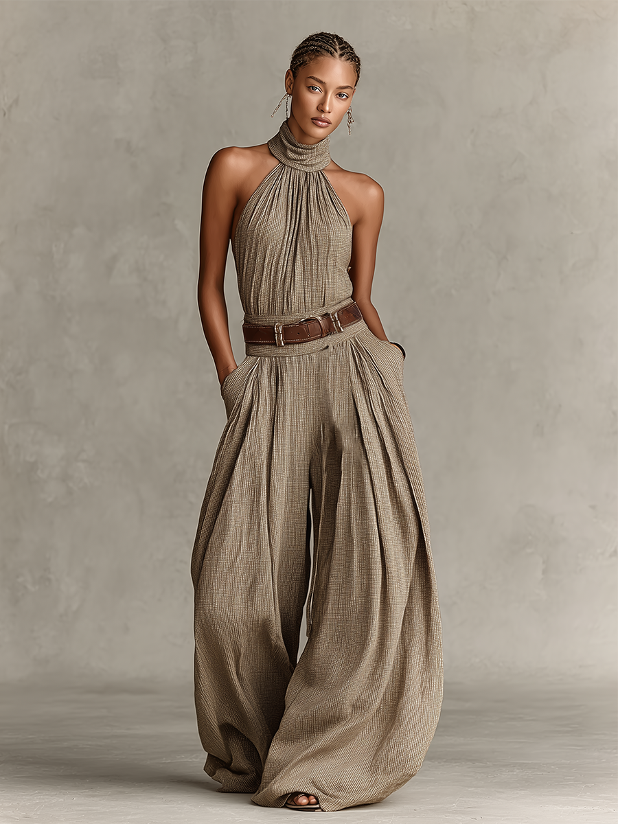 Tessa | Taupe Halter Wide-Leg Jumpsuit