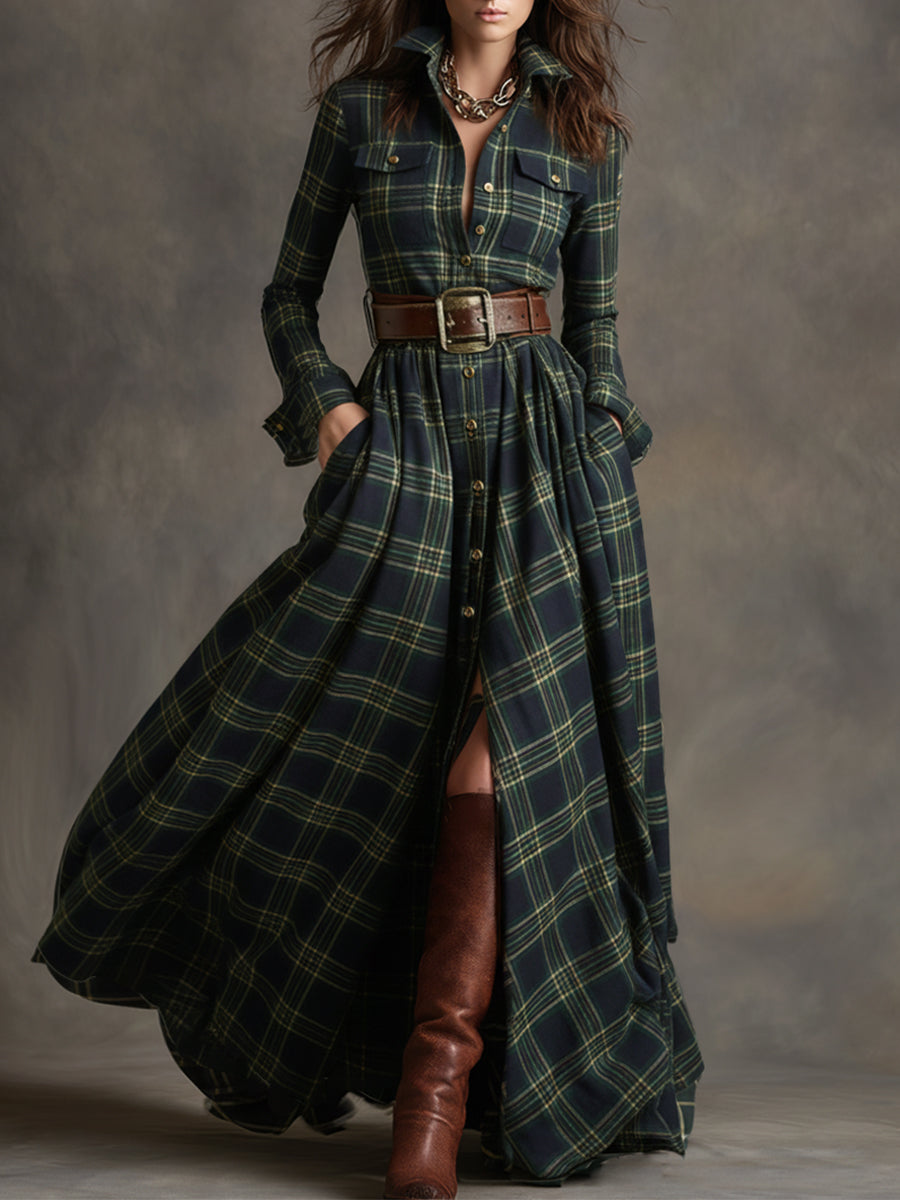 Elowen | Reddish Brown Plaid Maxi Dress