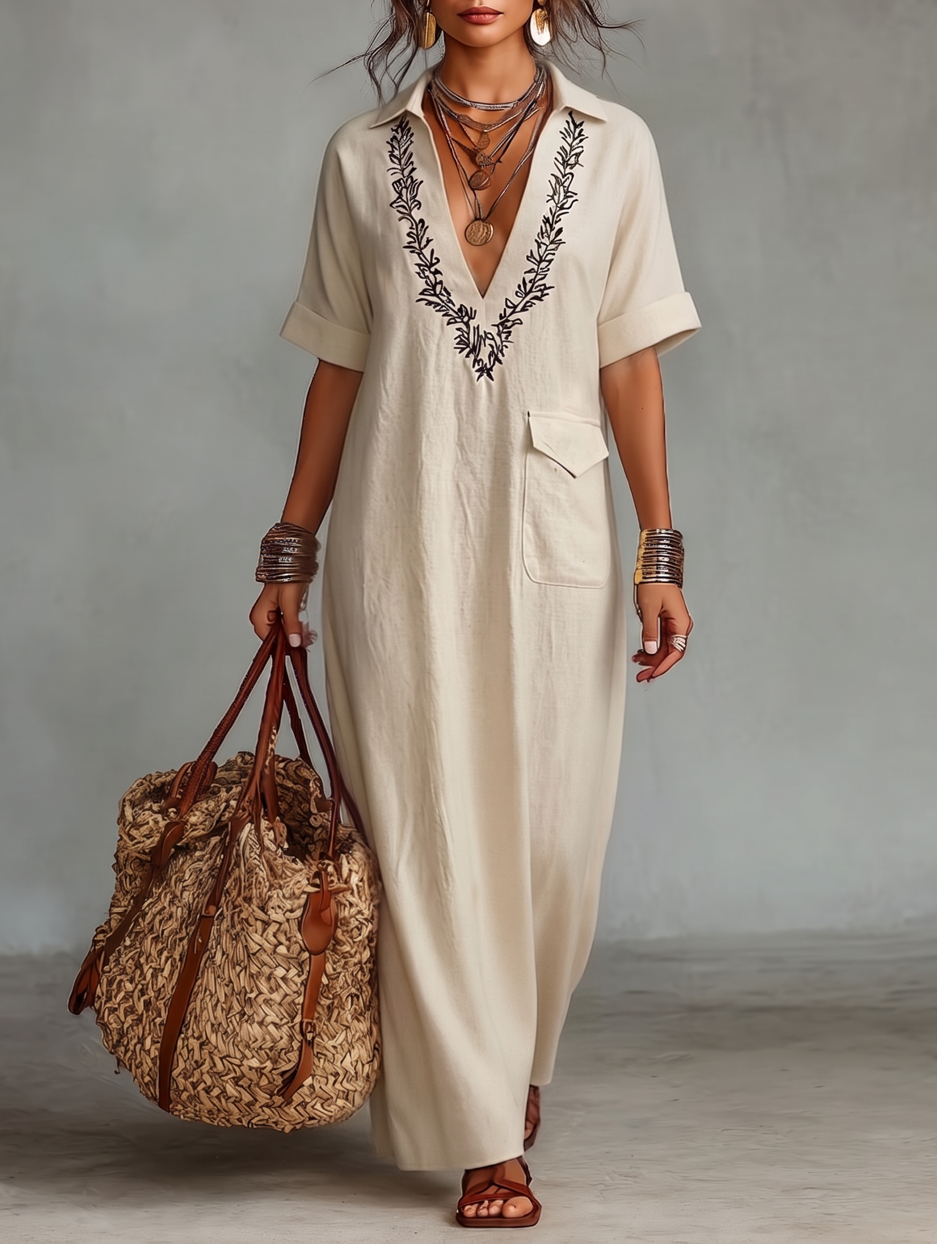 Fleur | Embroidered Linen Shirt Maxi Dress