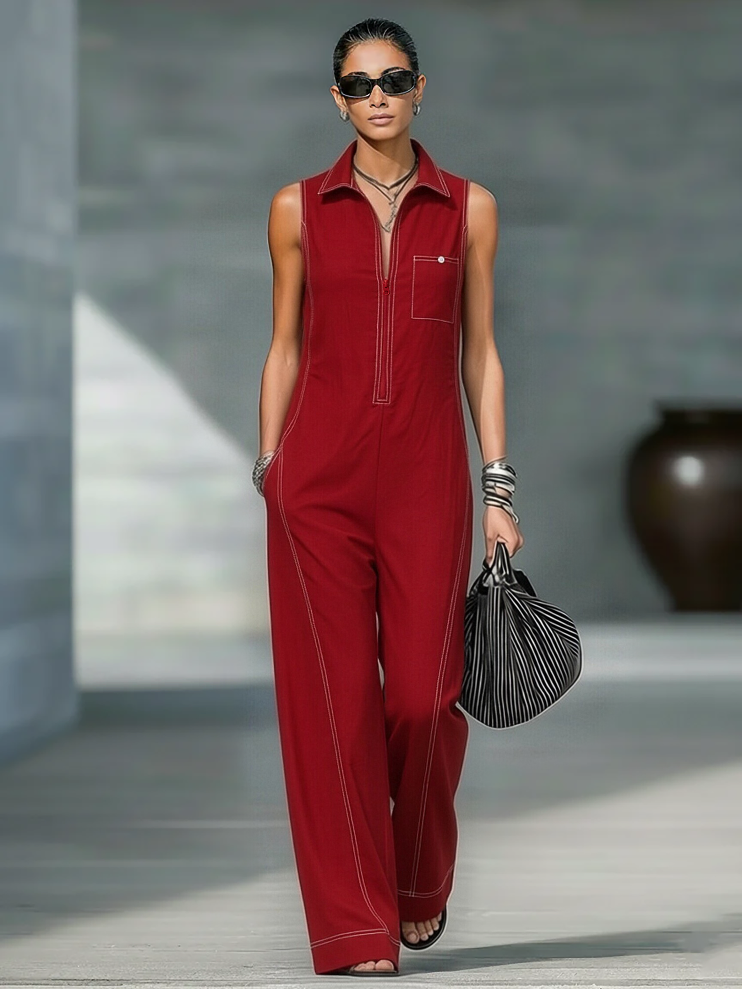 Odette | White Trim Sleeveless Jumpsuit