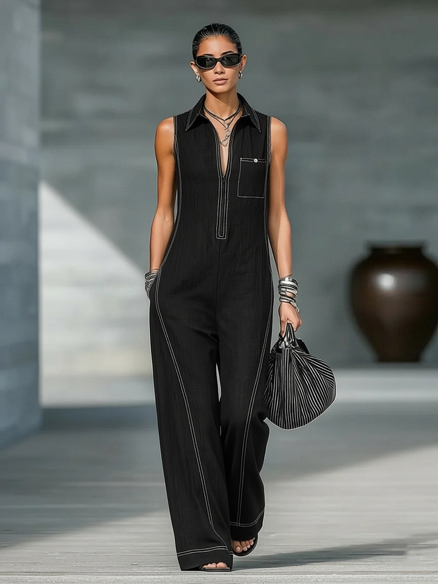 Odette | White Trim Sleeveless Jumpsuit