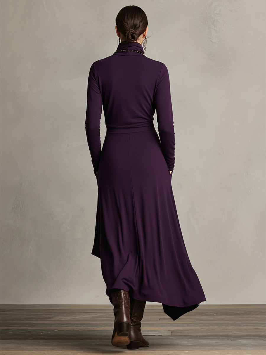 Rhea | Purple Draped Turtleneck Maxi Dress