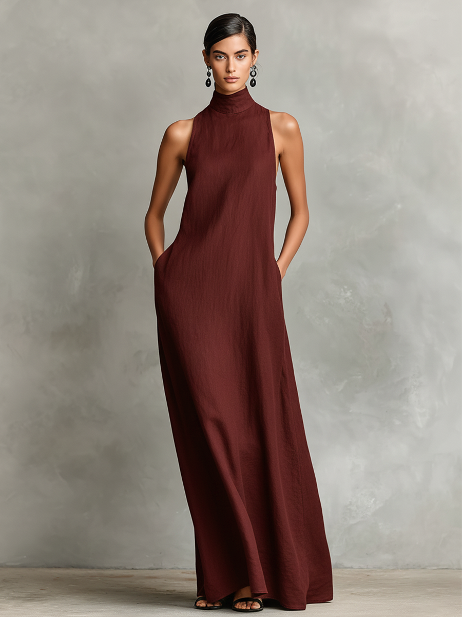 Sienna | Black High-Neck Pocket Maxi Dress