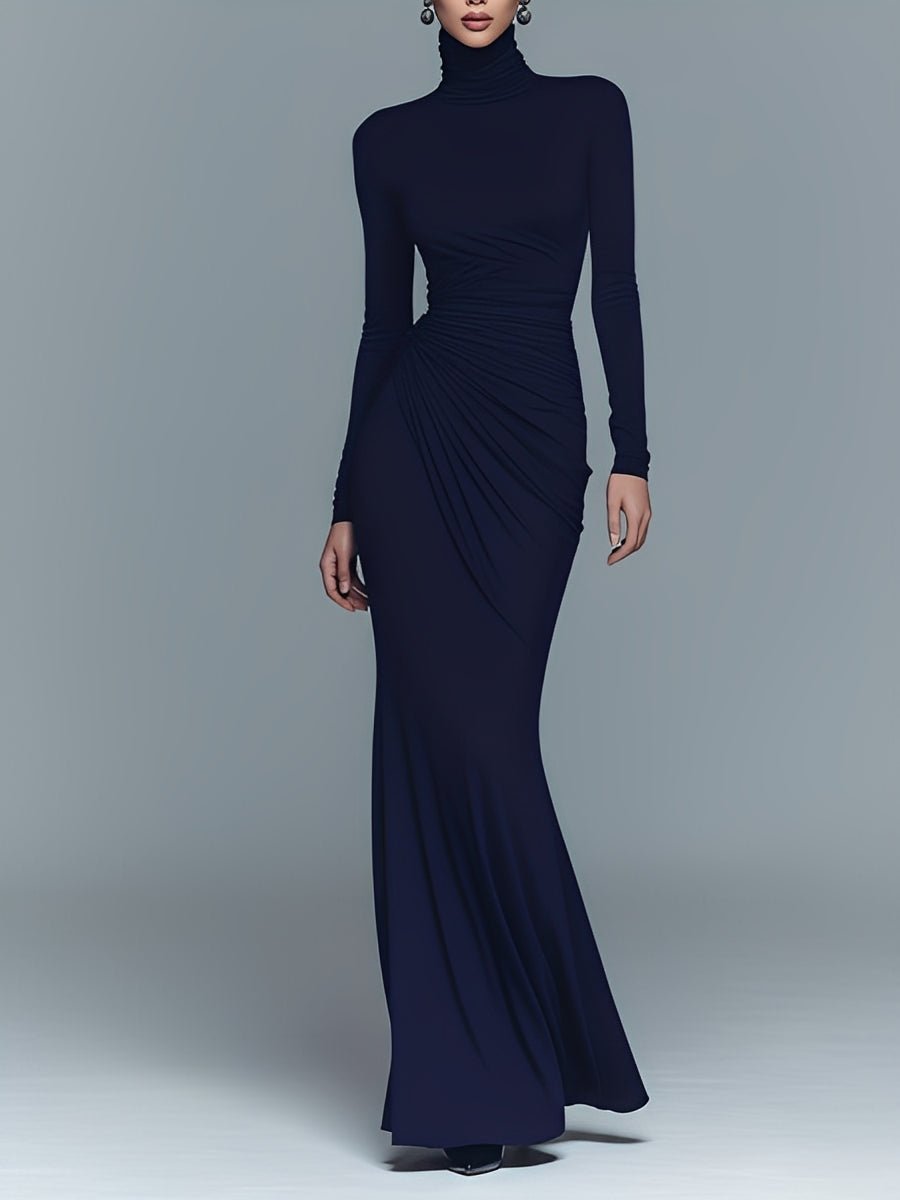 Nolwen | Navy Draped Turtleneck Maxi Dress