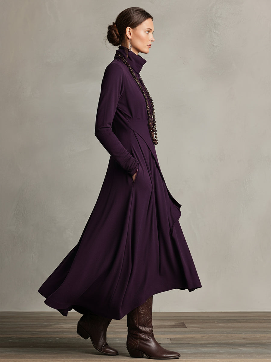 Rhea | Purple Draped Turtleneck Maxi Dress