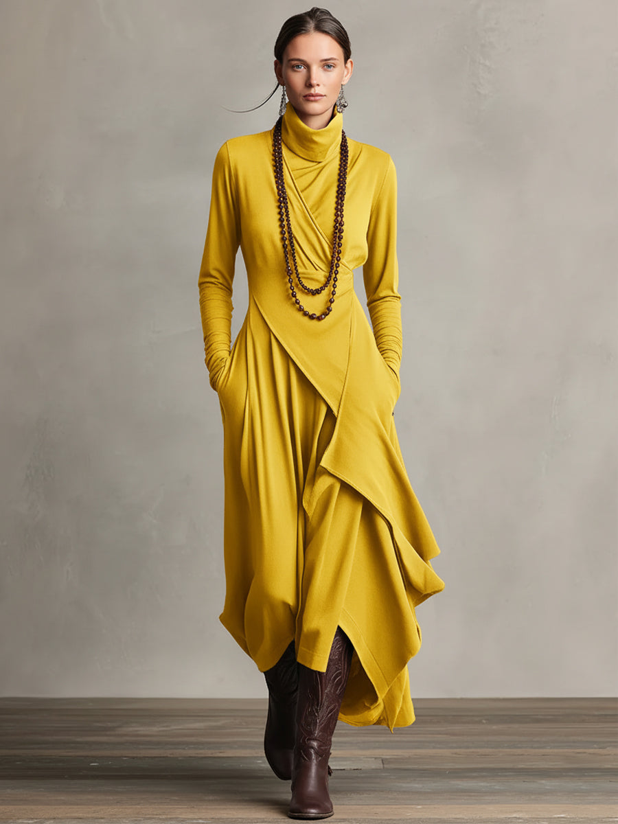 Rhea | Purple Draped Turtleneck Maxi Dress