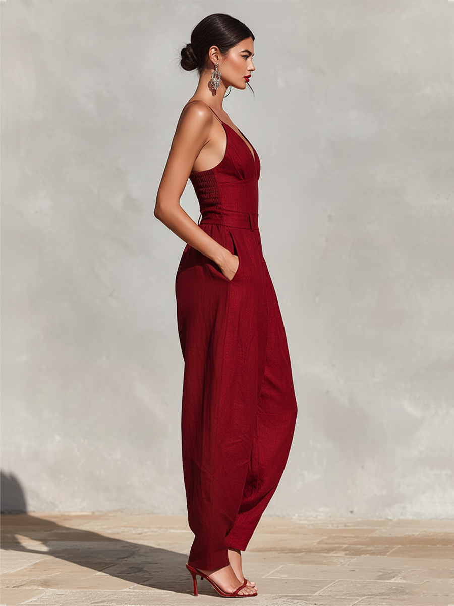 Rosalie | Red Pleated Linen Jumpsuit