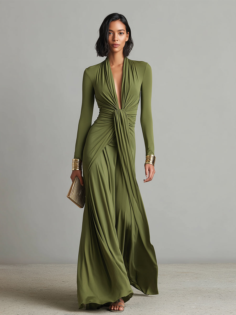 Isabelle | Olive Ruched V-Neck Maxi Dress