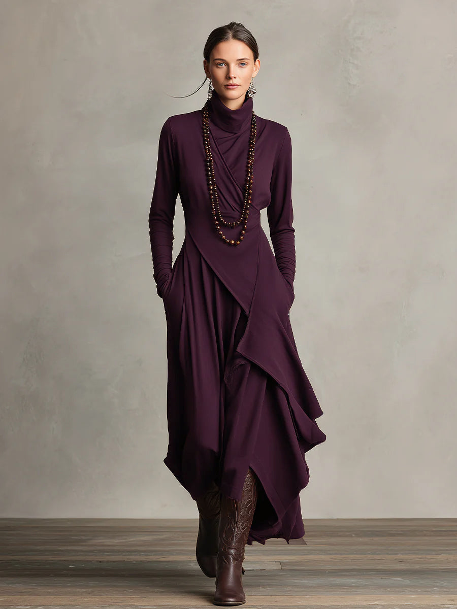 Rhea | Purple Draped Turtleneck Maxi Dress