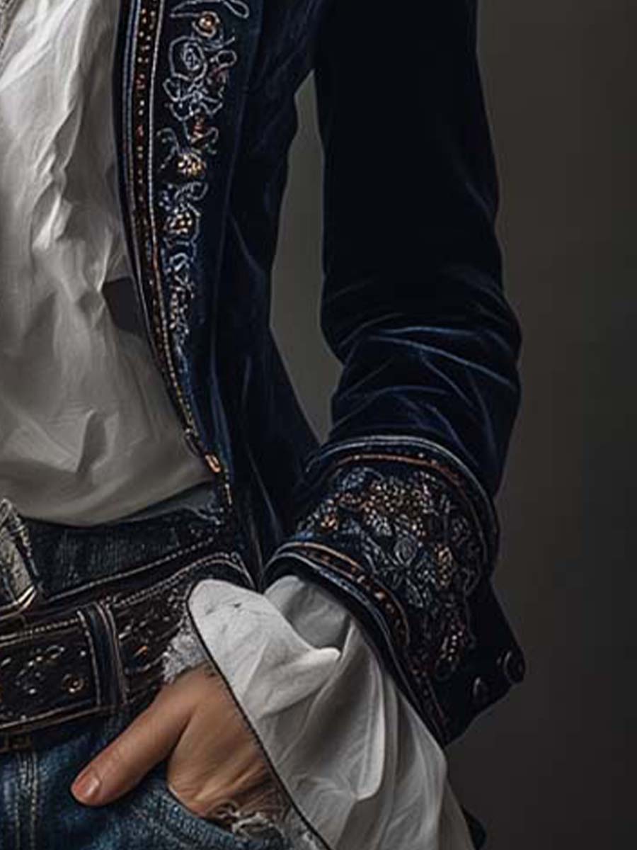 Odette | Navy Embroidered Velvet Jacket