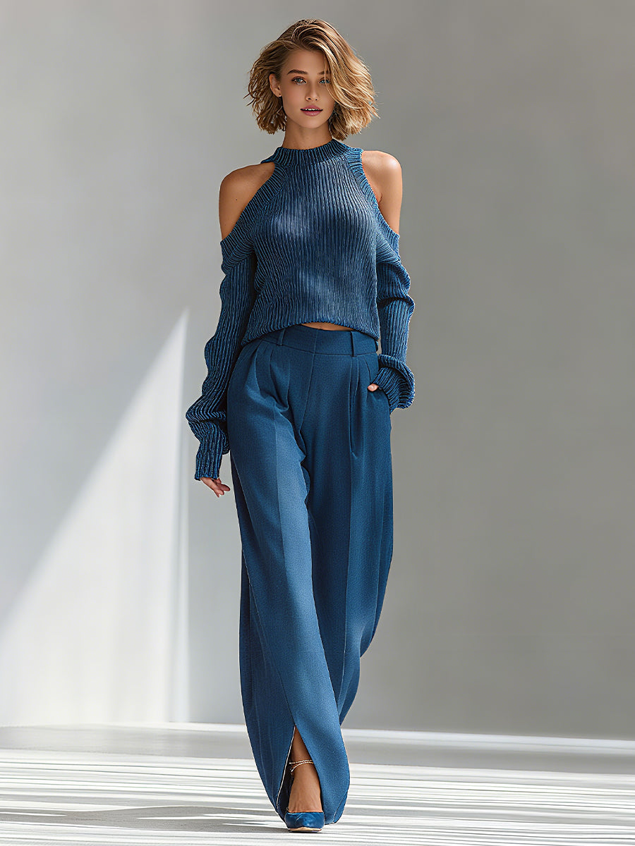 Elise | Blue Cold-Shoulder Knit Set