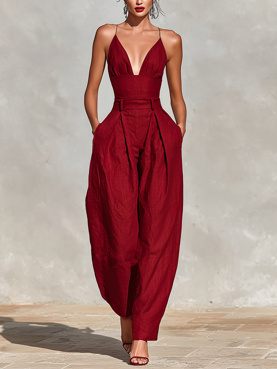 Rosalie | Red Pleated Linen Jumpsuit