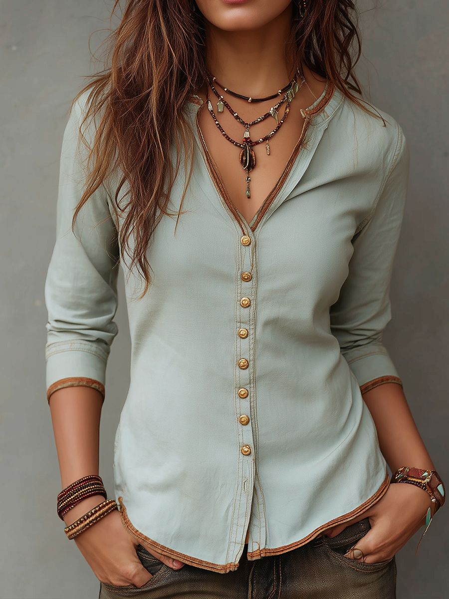 Avery | Washed Denim Henley Blouse