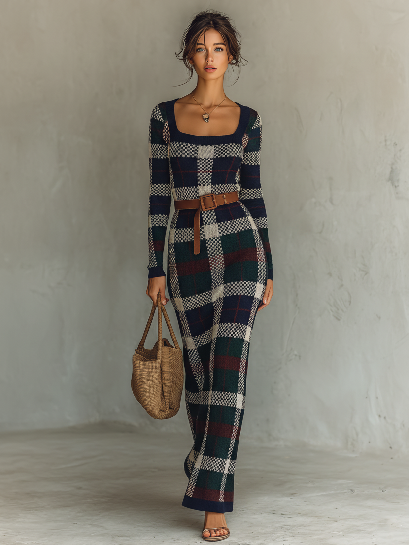 Kirsty | Check Knit Belted Maxi Dress