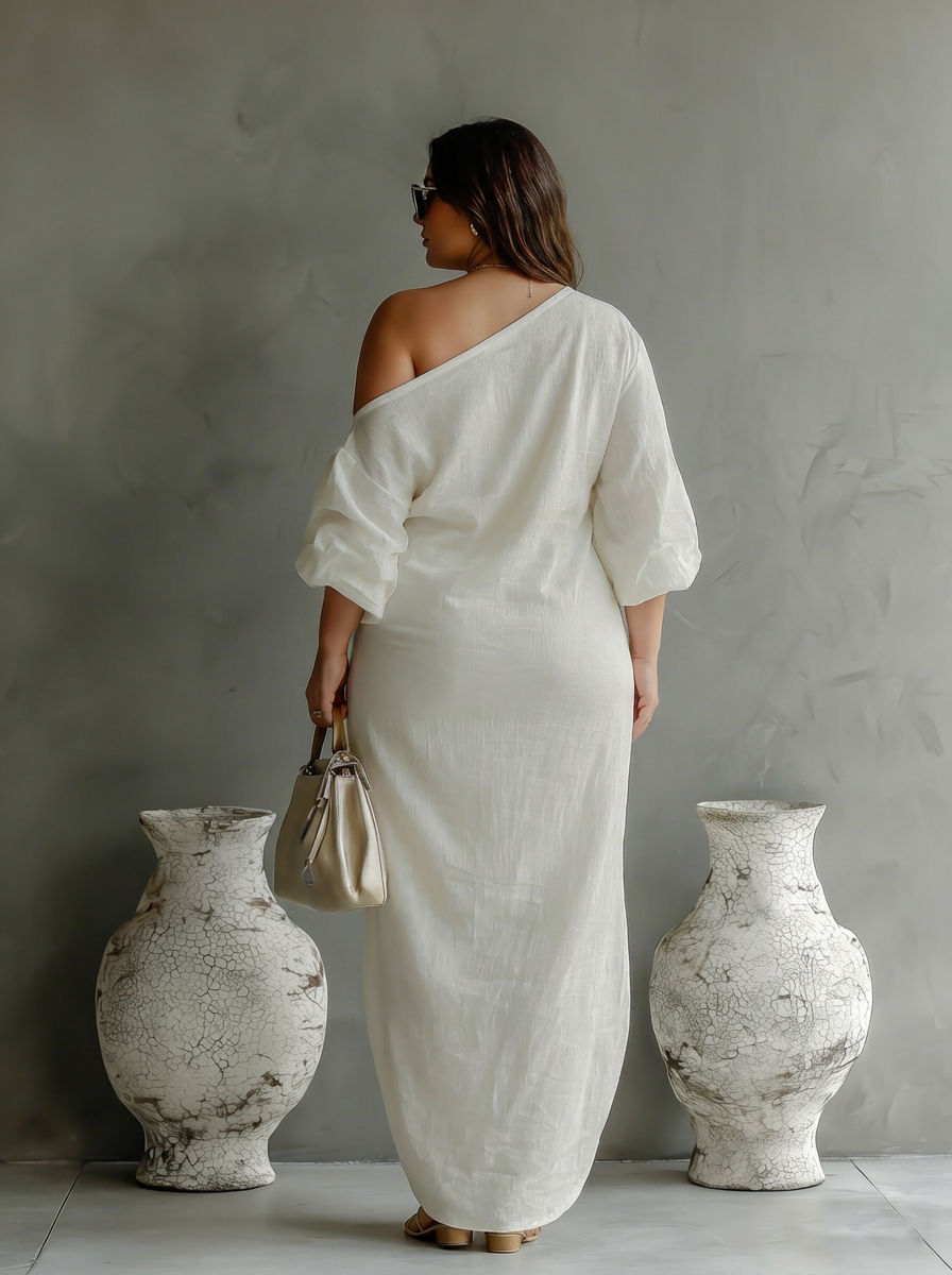 Elegant Flowing Dress in Ivory White with Off-Shoulder