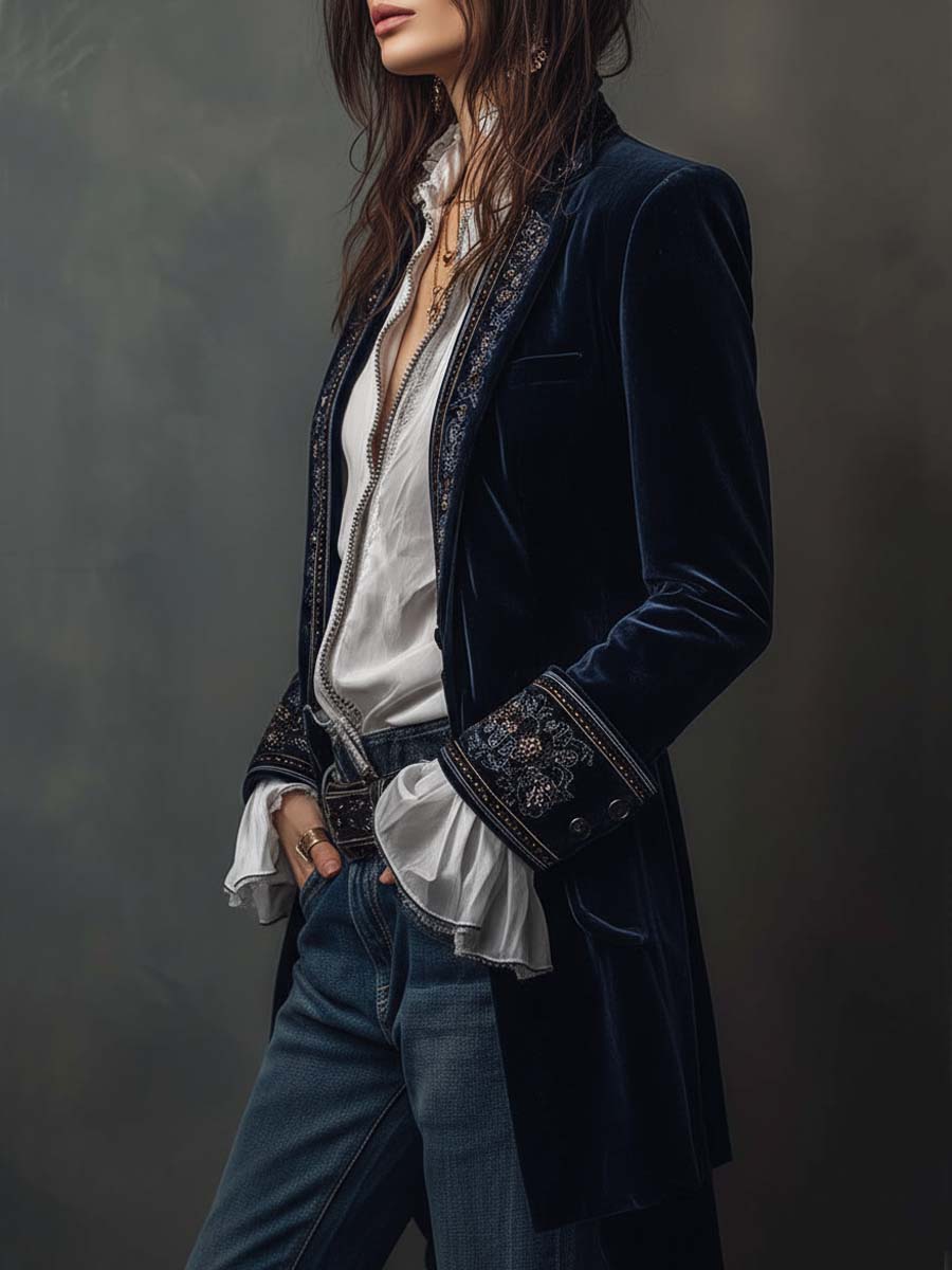 Odette | Navy Embroidered Velvet Jacket
