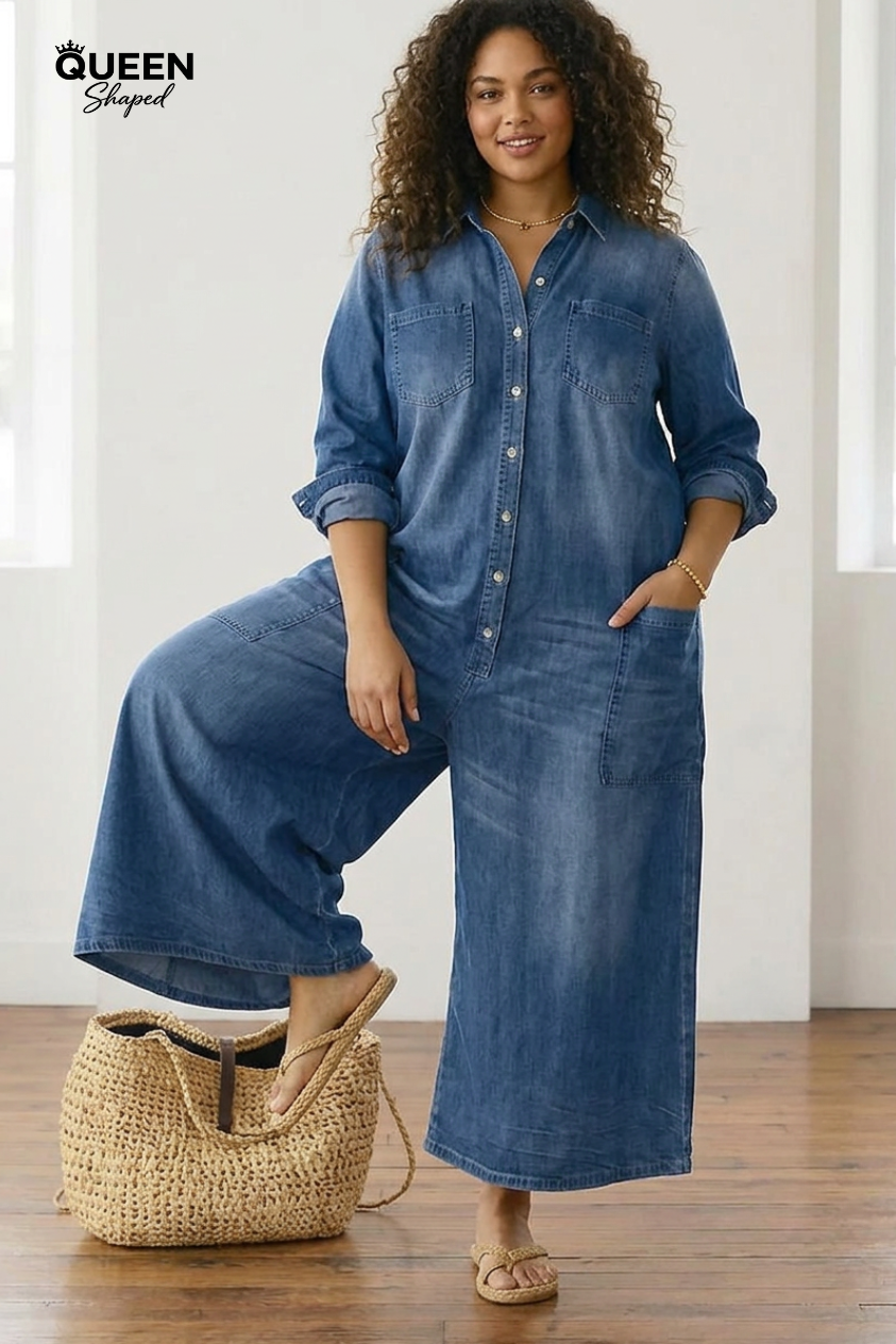 Diana | Vintage Washed Soft Cotton Denim Jumpsuit with Button Closure