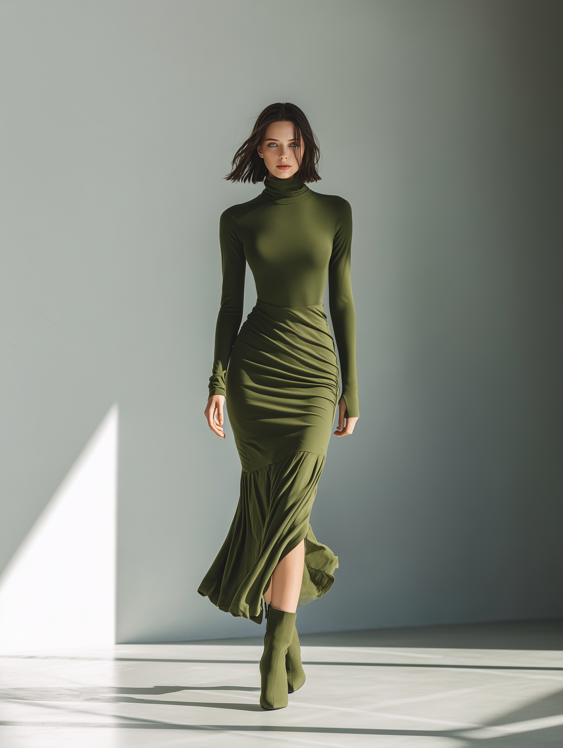 Olive | High-Neck Pleated Maxi Dress