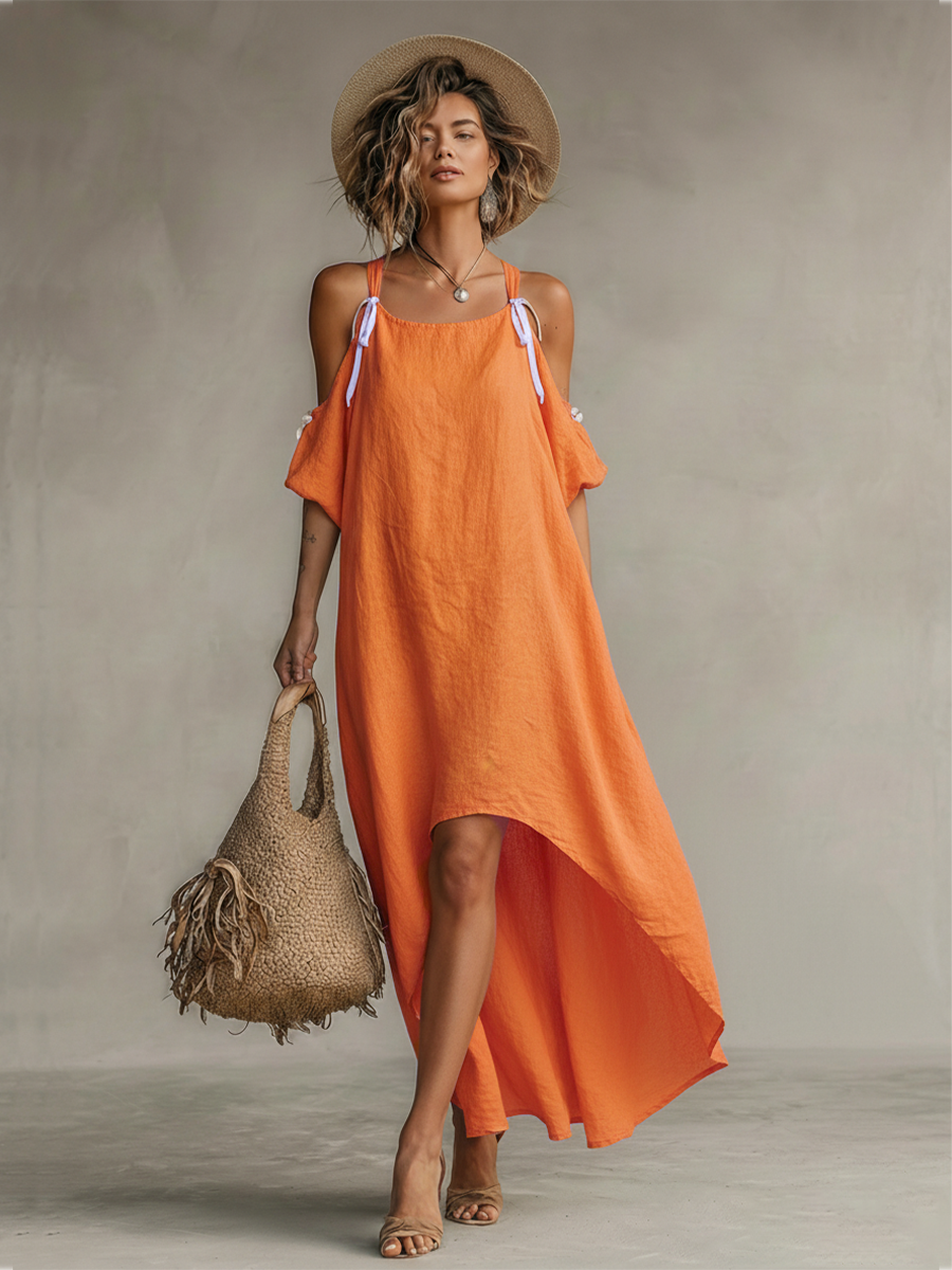 Tangerine | Cold-Shoulder Linen Dress