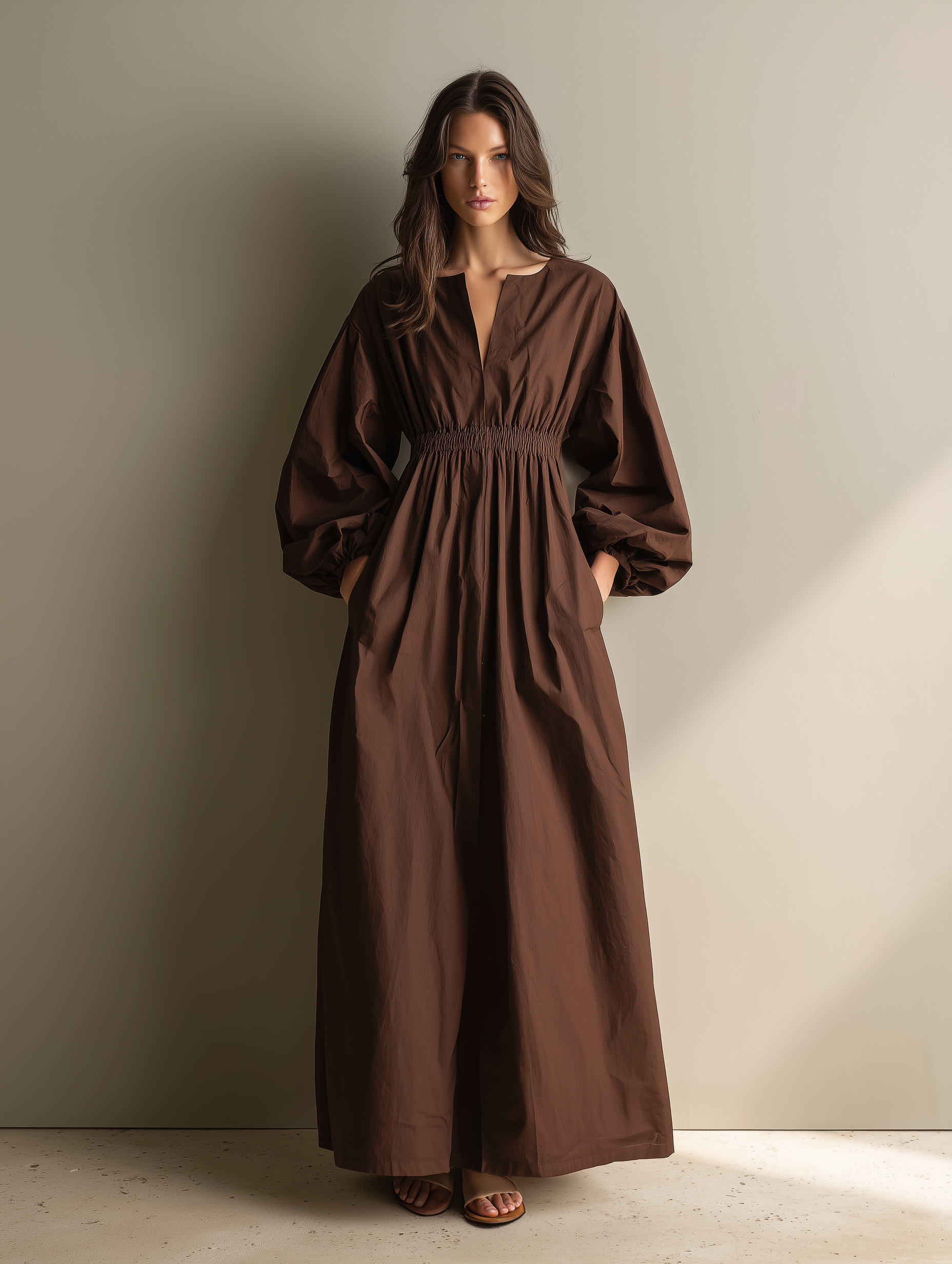 Camille | Brown Linen V-Neck Maxi Dress
