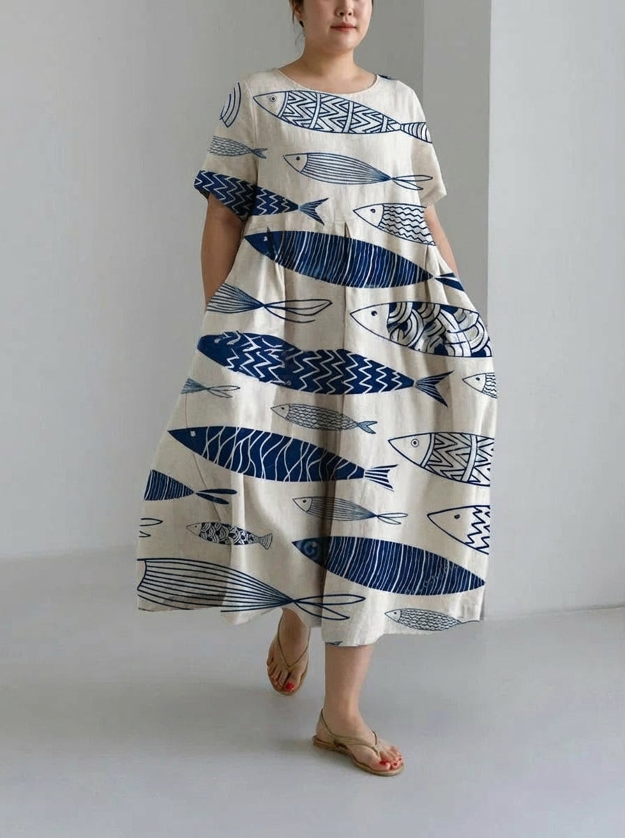 Emma | Fish Print Loose Round Neck Medium Length Skirt Dress