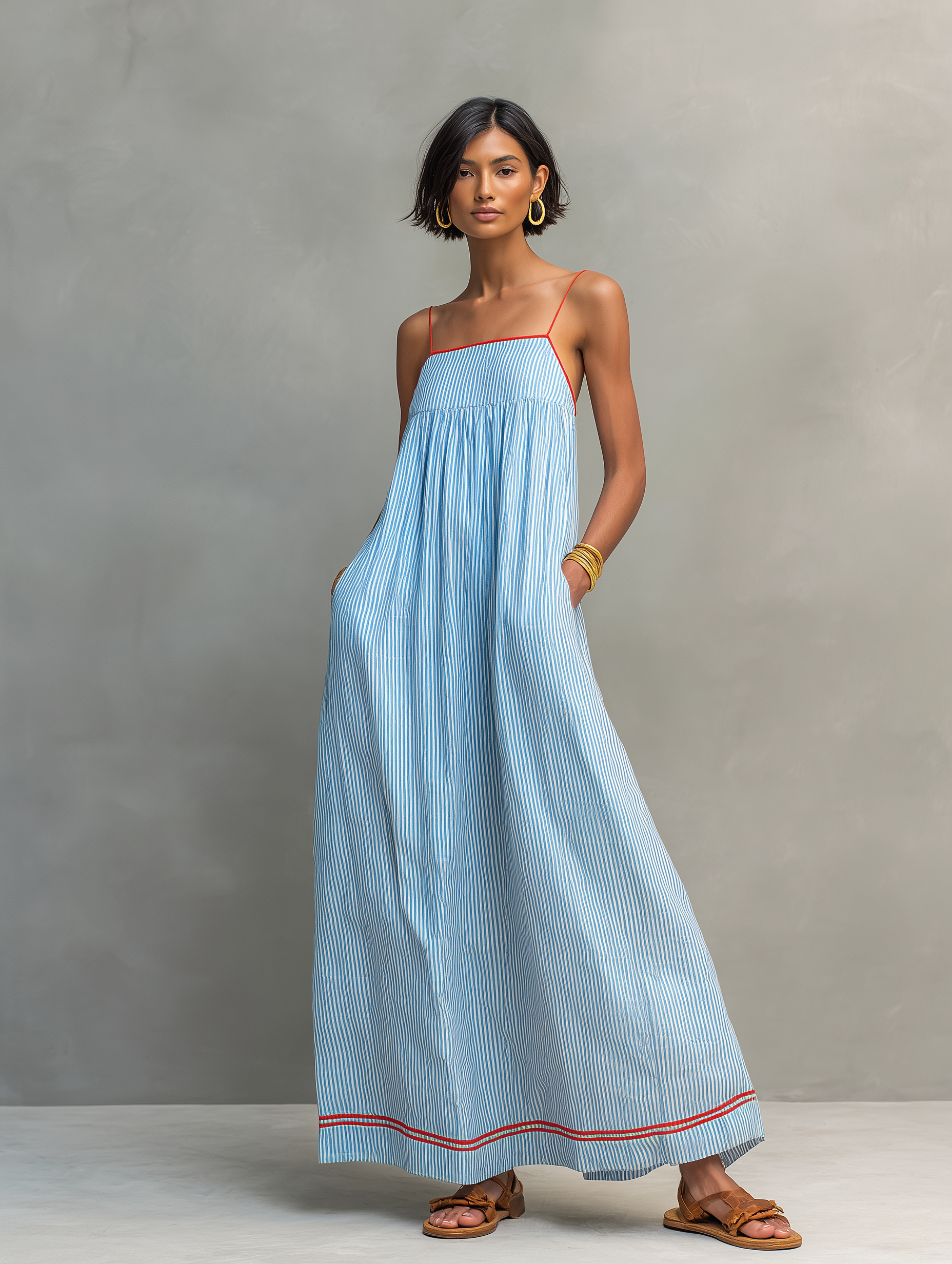 Marina | Striped Red-Trim Maxi Dress