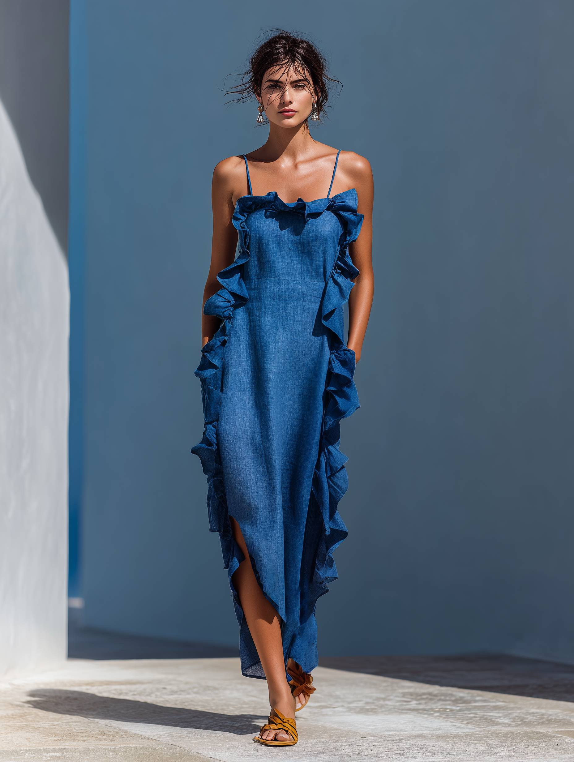 Isla | Blue Ruffle Slit Maxi Dress