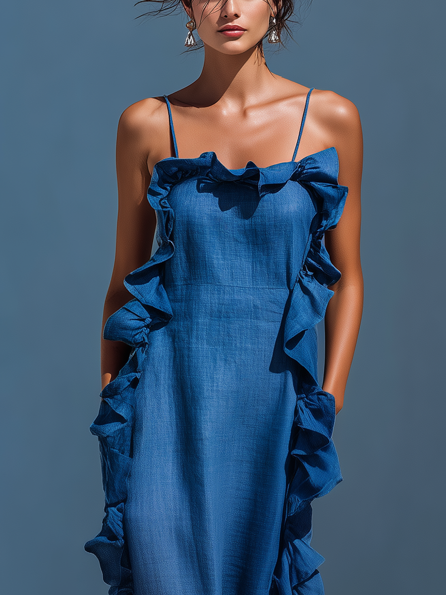 Isla | Blue Ruffle Slit Maxi Dress