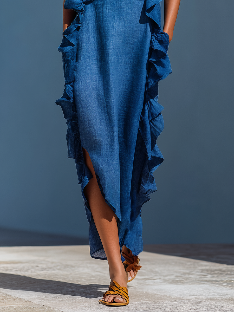 Isla | Blue Ruffle Slit Maxi Dress