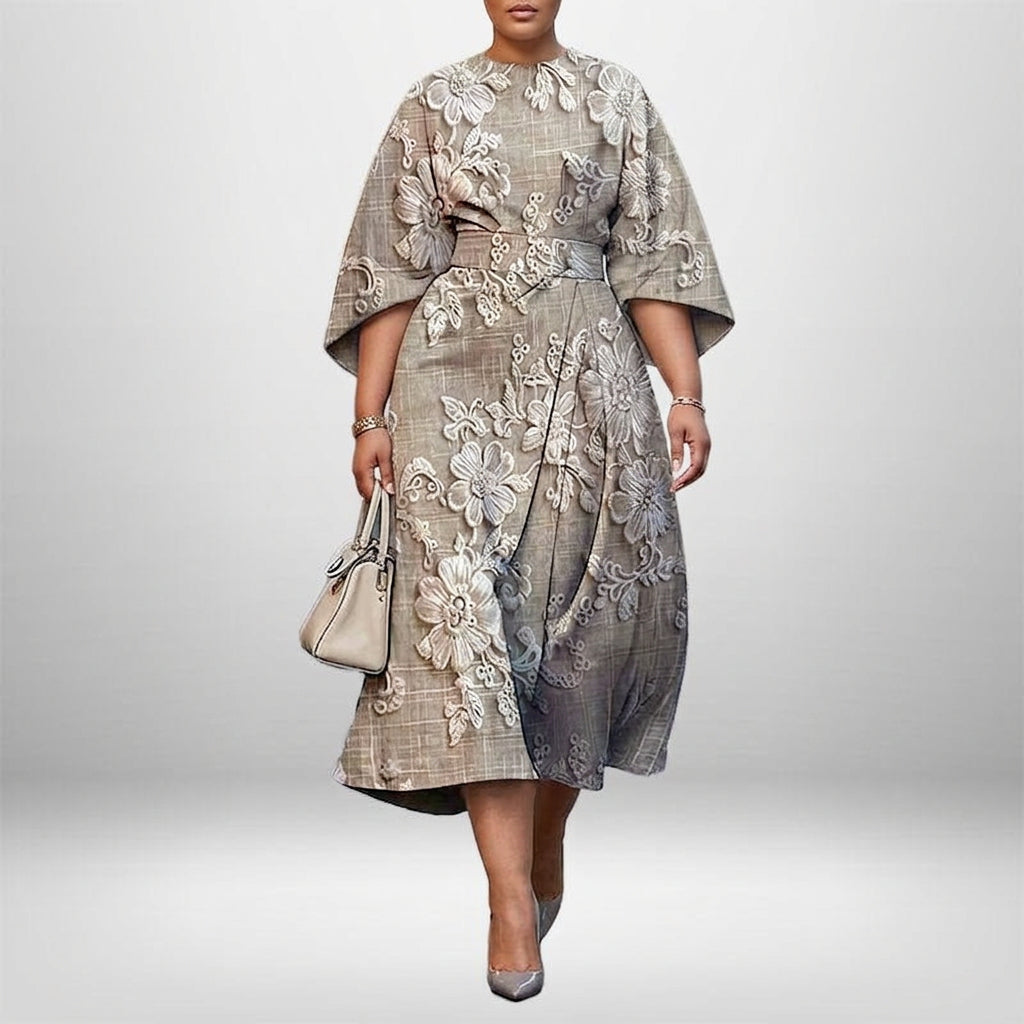 ALTHEA | Embroidered Floral Midi with Sculpted Waist and Timeless Grace
