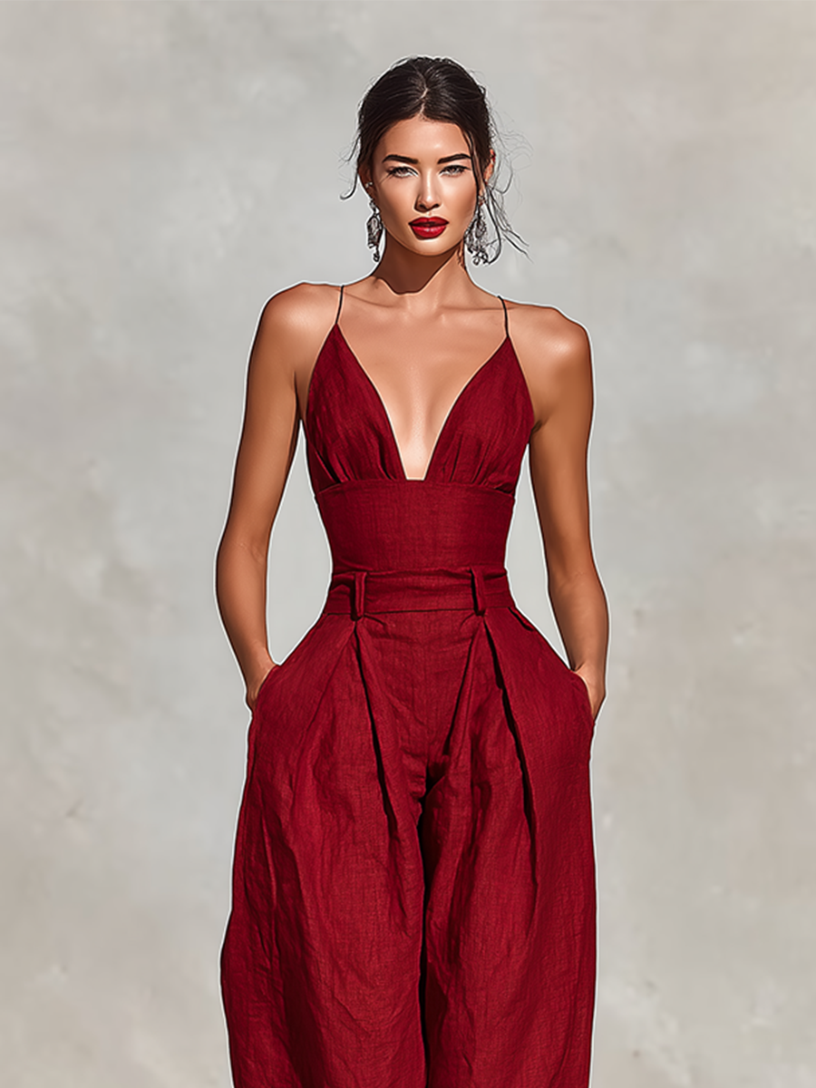 Rosalie | Red Pleated Linen Jumpsuit