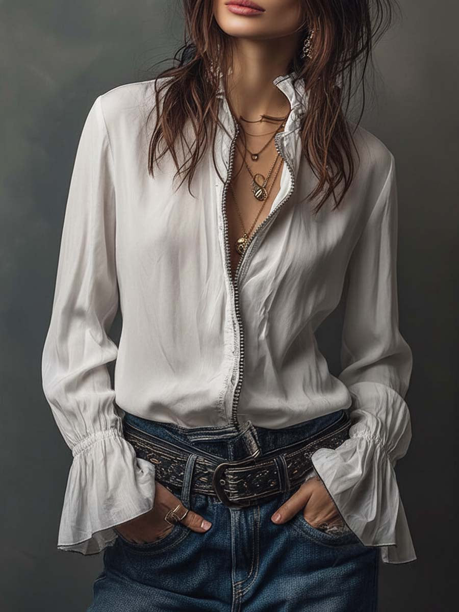 Elodie | White Flounce Cuff Blouse