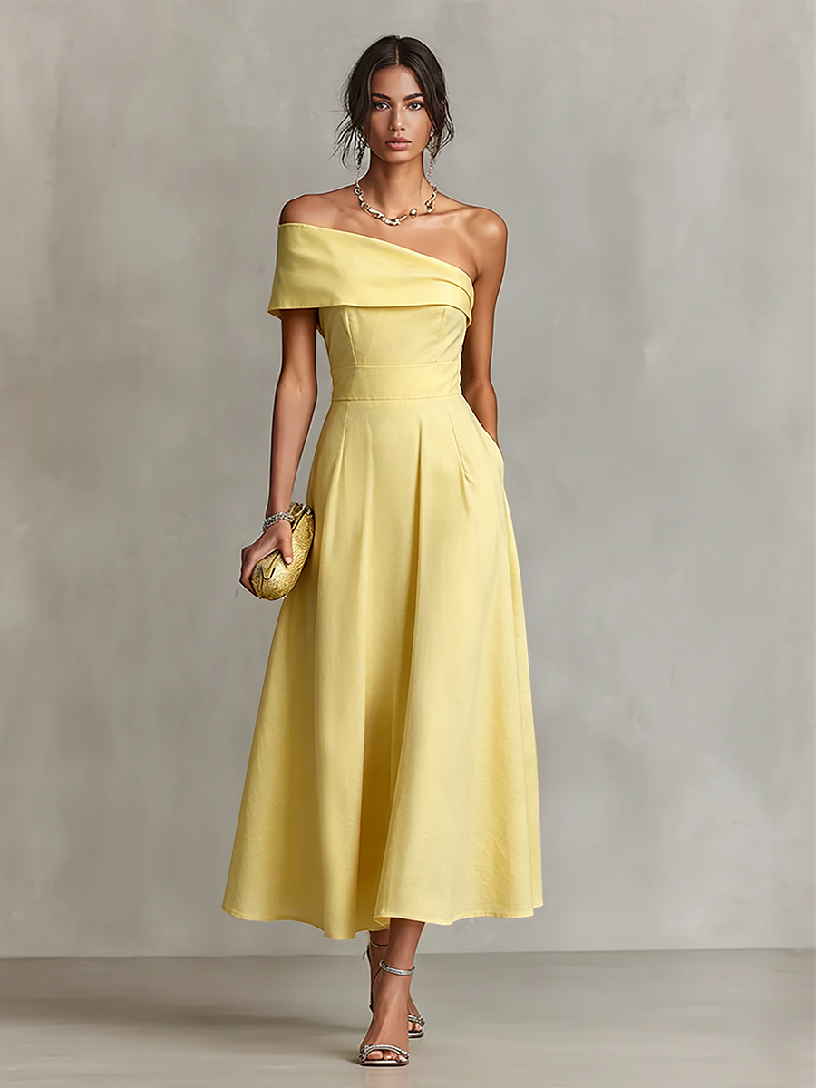 Freya | Yellow One-Shoulder Linen Dress