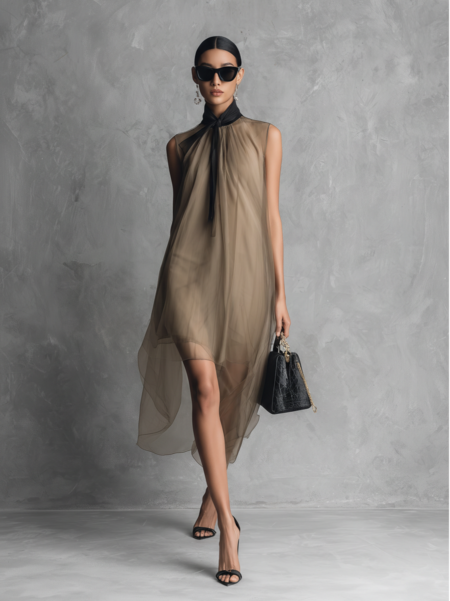 Mabel | Khaki Color-Blocked Chiffon Dress