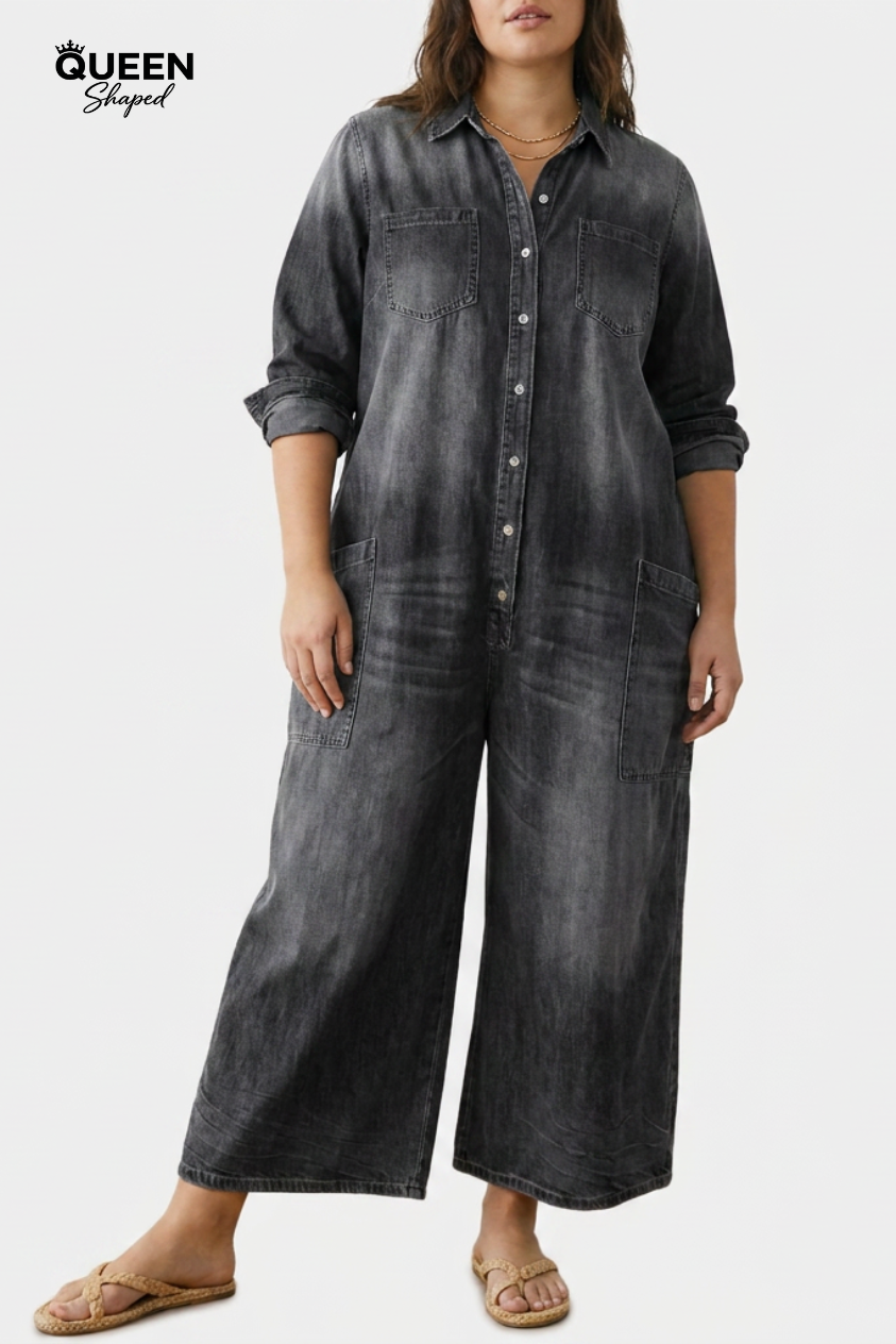 Diana | Vintage Washed Soft Cotton Denim Jumpsuit with Button Closure
