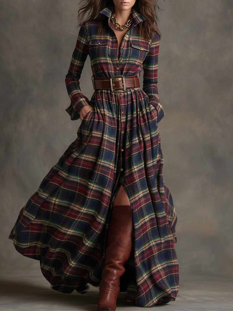 Elowen | Reddish Brown Plaid Maxi Dress