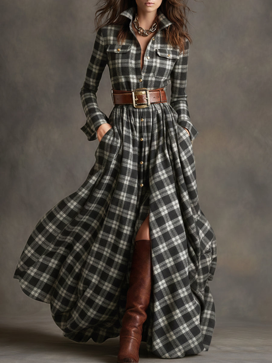 Elowen | Reddish Brown Plaid Maxi Dress