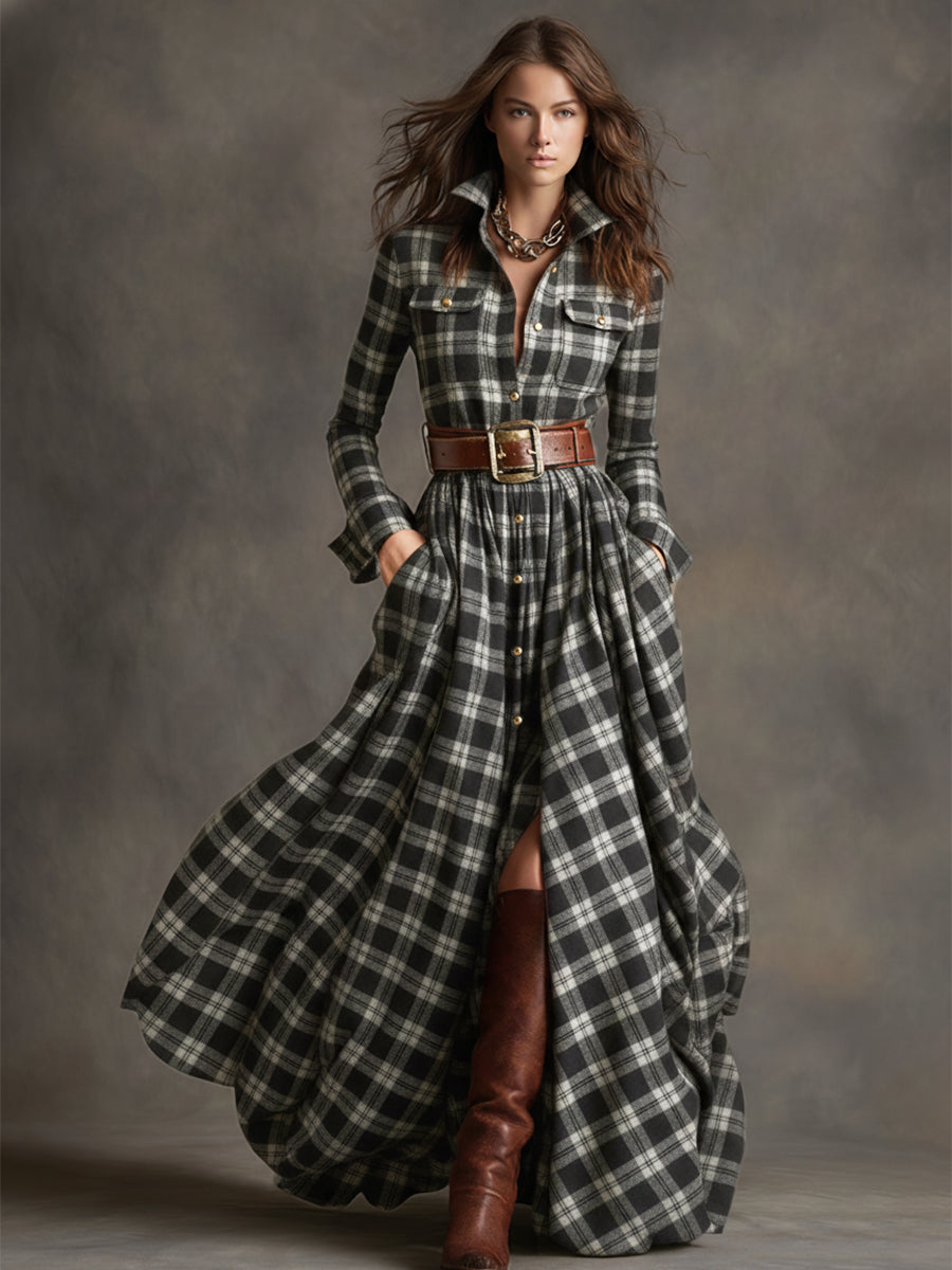Elowen | Reddish Brown Plaid Maxi Dress