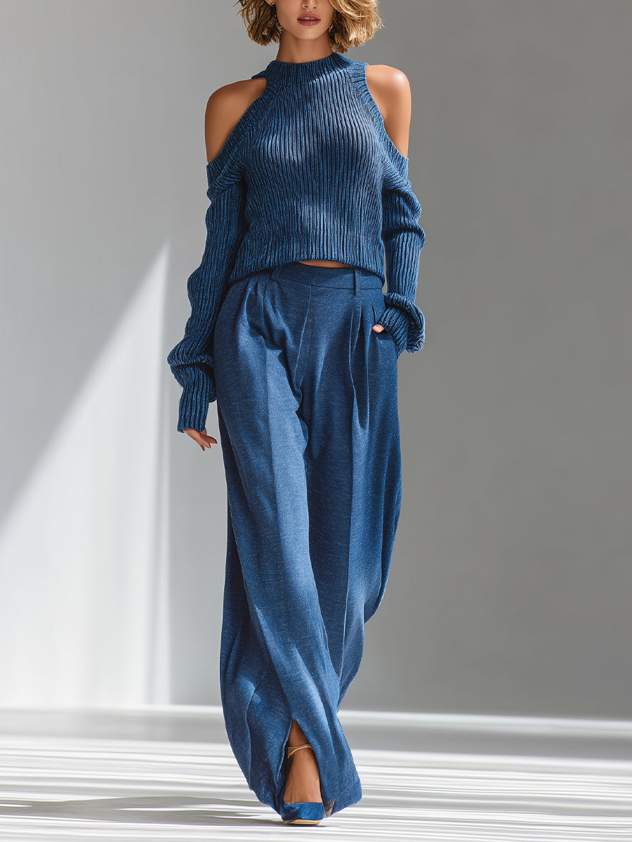 Elise | Blue Cold-Shoulder Knit Set