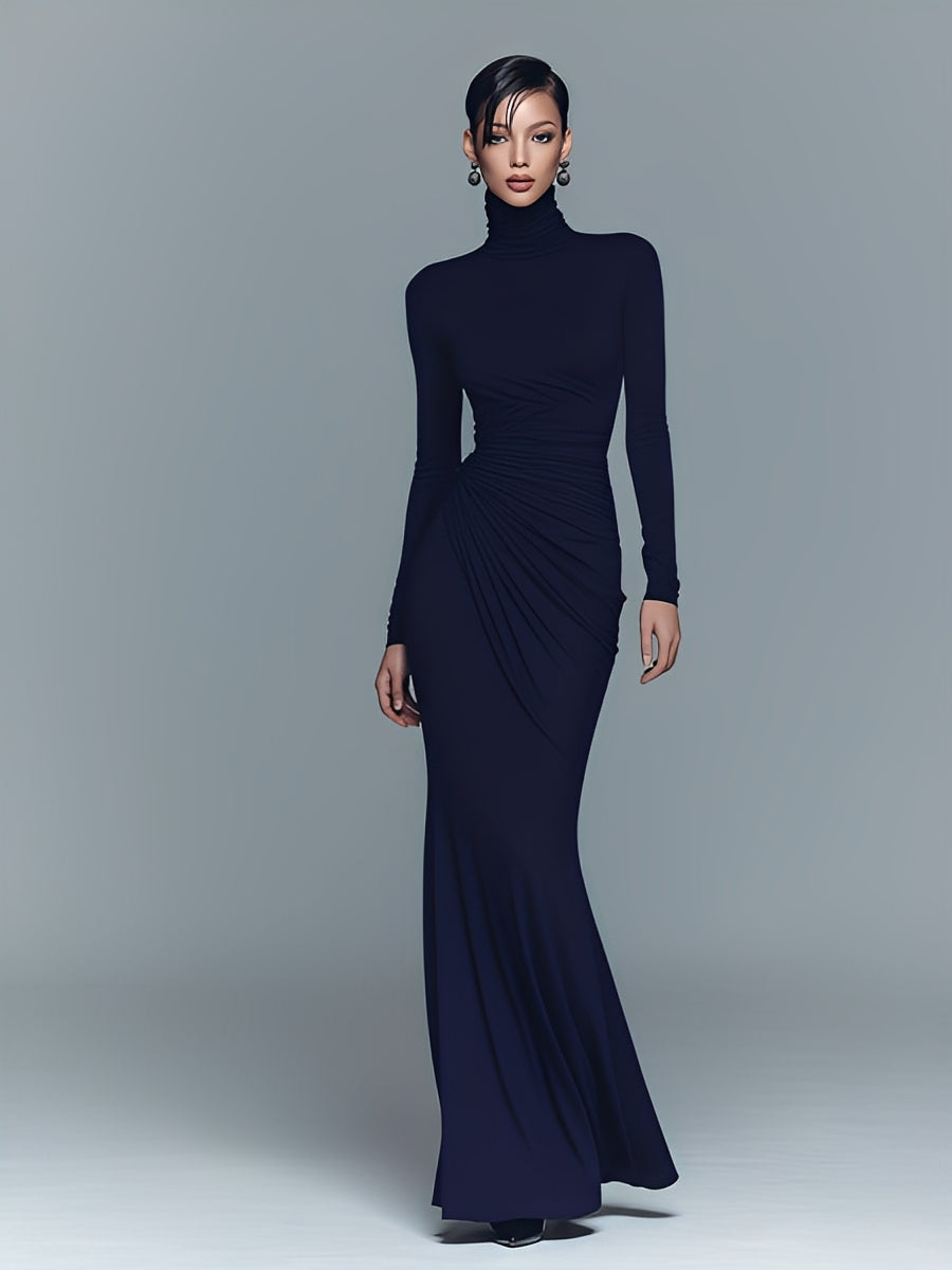 Nolwen | Navy Draped Turtleneck Maxi Dress